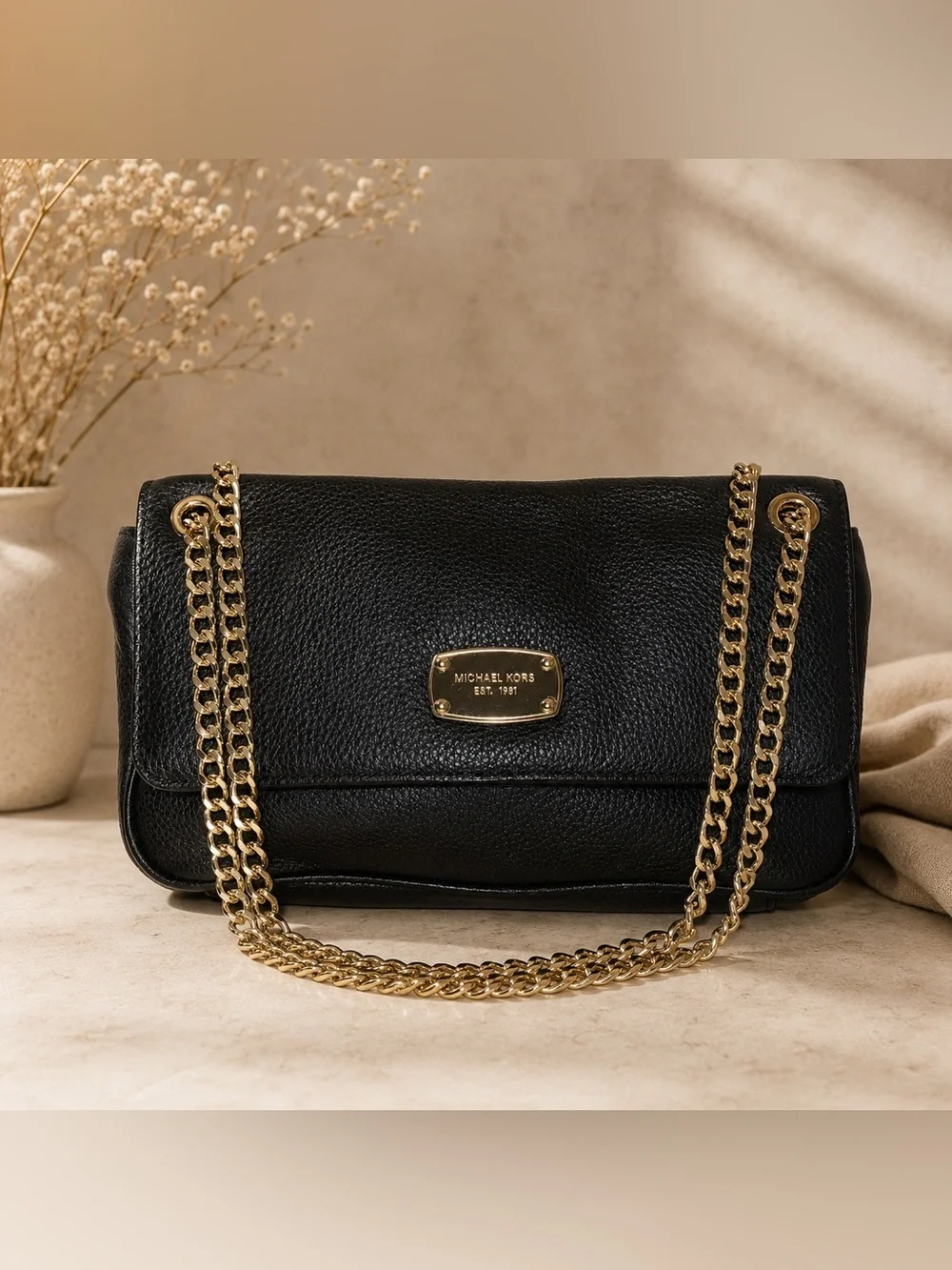 Michael Kors Black Leather Shoulder Bag w/ Gold Chain Strap